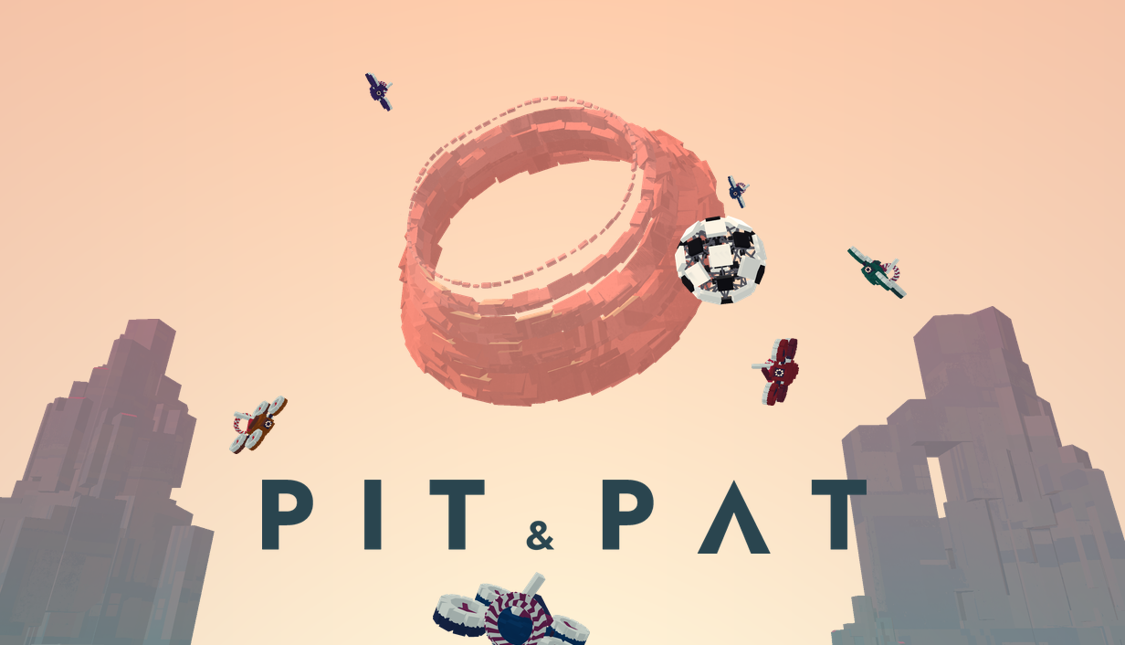 Pit & Pat artwork showing a drone and ball beside a floating scoring ring.
